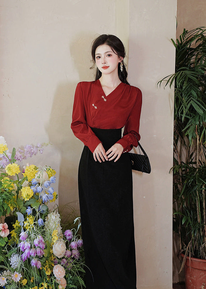 Modern Chinese Two-Piece Set – Red Pleated Top with Frog Buttons | High-Waist Straight Maxi Skirt
