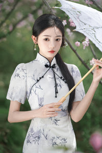 Light Bamboo Leaf Floral Qipao Dress for Women | Mandarin Collar Frog Button Slim Fit with Ruffle Detail
