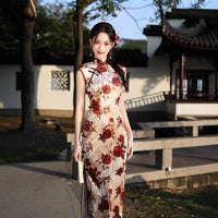 Ivory & Burgundy Rose Floral Qipao Dress | Vintage Slim Mandarin Collar Maxi Cheongsam