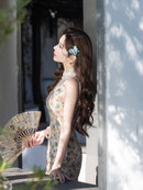 Ivory Floral Sleeveless Slim Long Qipao Dress | Mandarin Collar Frog Buttons Side Slit New Chinese Vintage Style