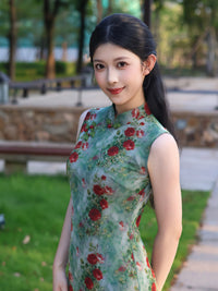Green Rose Floral Print Sleeveless Mesh Qipao Dress|Slim Mandarin Midi Cheongsam