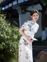 Ink-Wash Floral Qipao | Short-Sleeve Slim Mandarin-Collar Gown