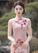 New Chinese Dusty Pink Embroidered Qipao Dress | Mandarin Collar Slim Midi with Side Slit