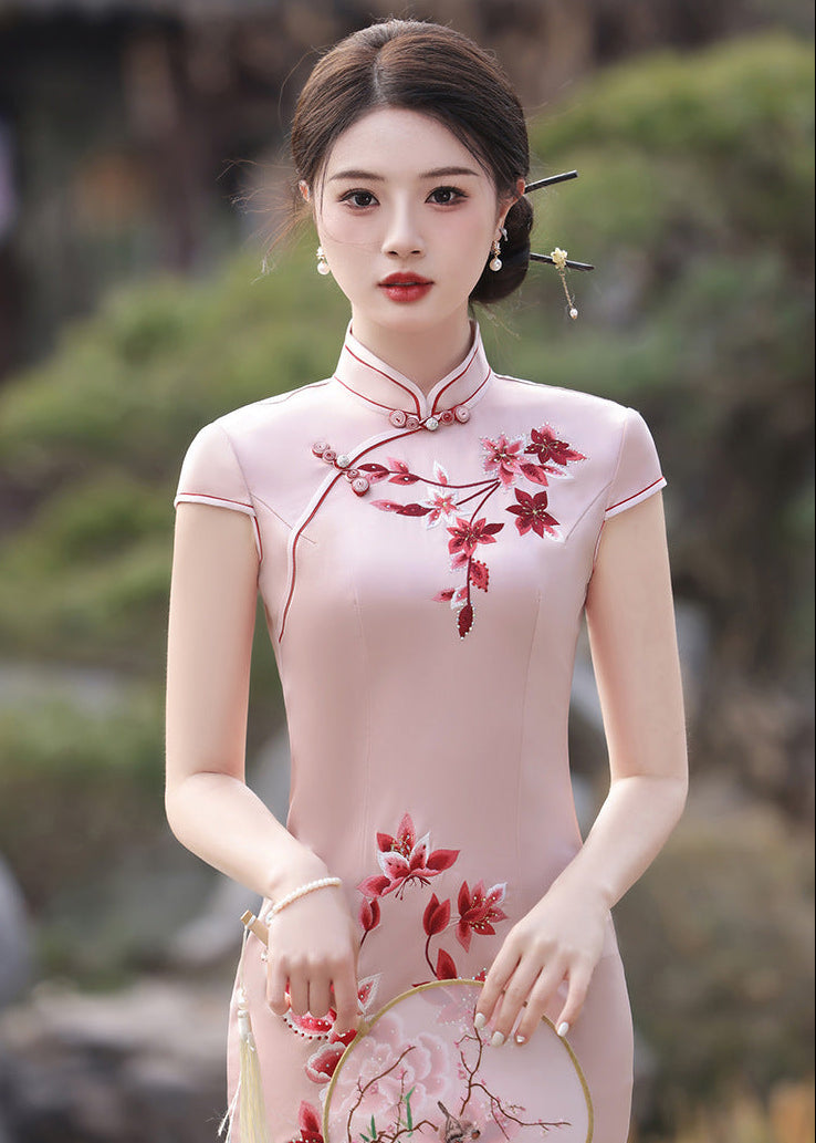New Chinese Dusty Pink Embroidered Qipao Dress | Mandarin Collar Slim Midi with Side Slit
