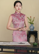 Pink Jacquard Peony Qipao Dress | Sleeveless Mandarin Collar Slim Midi Cheongsam