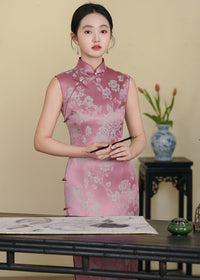Pink Jacquard Peony Qipao Dress | Sleeveless Mandarin Collar Slim Midi Cheongsam