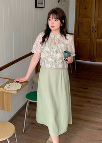 Plus Size New Chinese Style Frog Button Blouse & Slip Dress Set | Green/Black Option Elegant Two-Piece Outfit