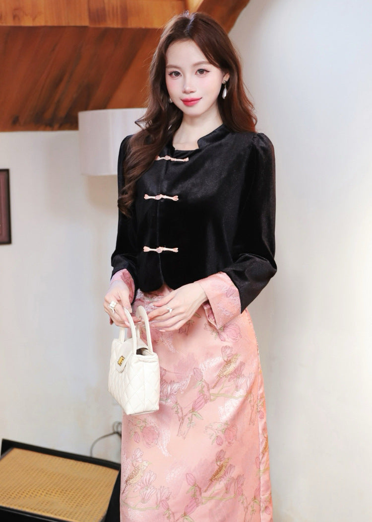 Embellished Frog-Button Top & Jacquard Skirt Set | New Chinese