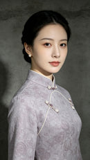 Purple Velvet Petal Sleeve Qipao Dress | Slim Mandarin Maxi