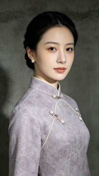 Purple Velvet Petal Sleeve Qipao Dress | Slim Mandarin Maxi