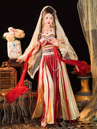 Elegant Red and Gold Belly Dance Costume with Veil and Accessories