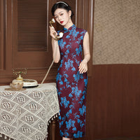 Elegant Burgundy Cheongsam with Blue Floral Embroidery for Traditional Occasions