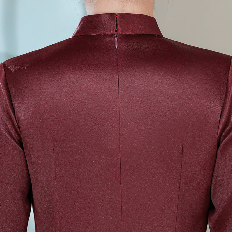 Acetate Stretch Satin Embroidered Qipao Midi | Mandarin Collar