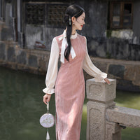 Elegant Pink Cheongsam Dress with White Bow for Hanfu Pairing