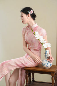 Half-Overlap Long Qipao | Cap-Sleeve Slim Mandarin Dress