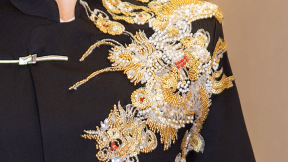 Summer Black Mandarin Collar Zhongshan Suit with Dragon for Wedding
