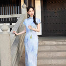 Blue Ink-Shadow Print Sleeveless Qipao Dress | Mandarin Collar Slim Maxi Cheongsam