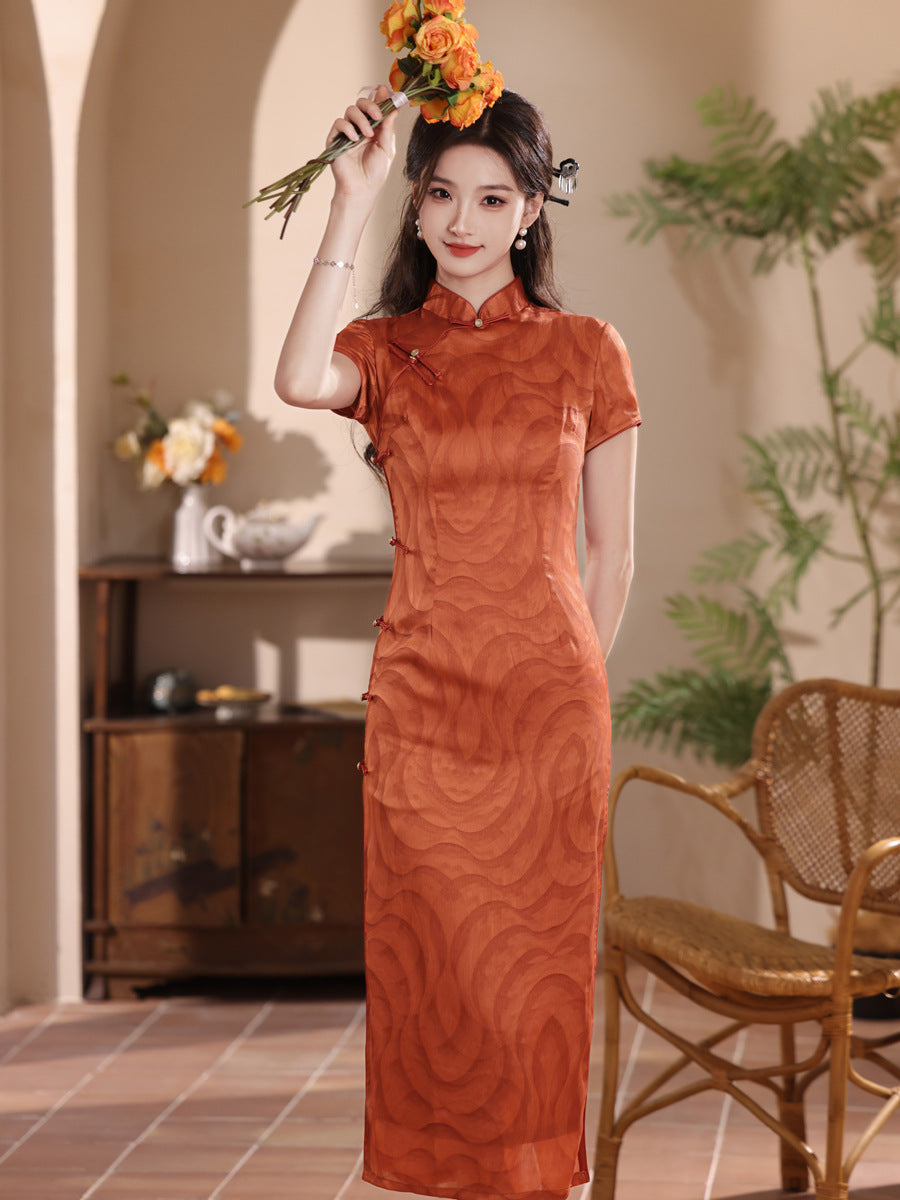 Rust Orange Jacquard Qipao Dress Short Sleeve Slim Mandarin Collar