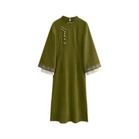 优雅绿色汉服内搭花卉图案背心套装
