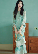 Modern Chinese Ink-Print Two-Piece Set | Sheer Frog-Button Top + Slim Maxi Dress