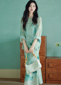 Modern Chinese Ink-Print Two-Piece Set | Sheer Frog-Button Top + Slim Maxi Dress