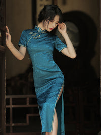 Vintage Chinese Jacquard Qipao Dress | Slim Fit Mandarin Collar Cheongsam