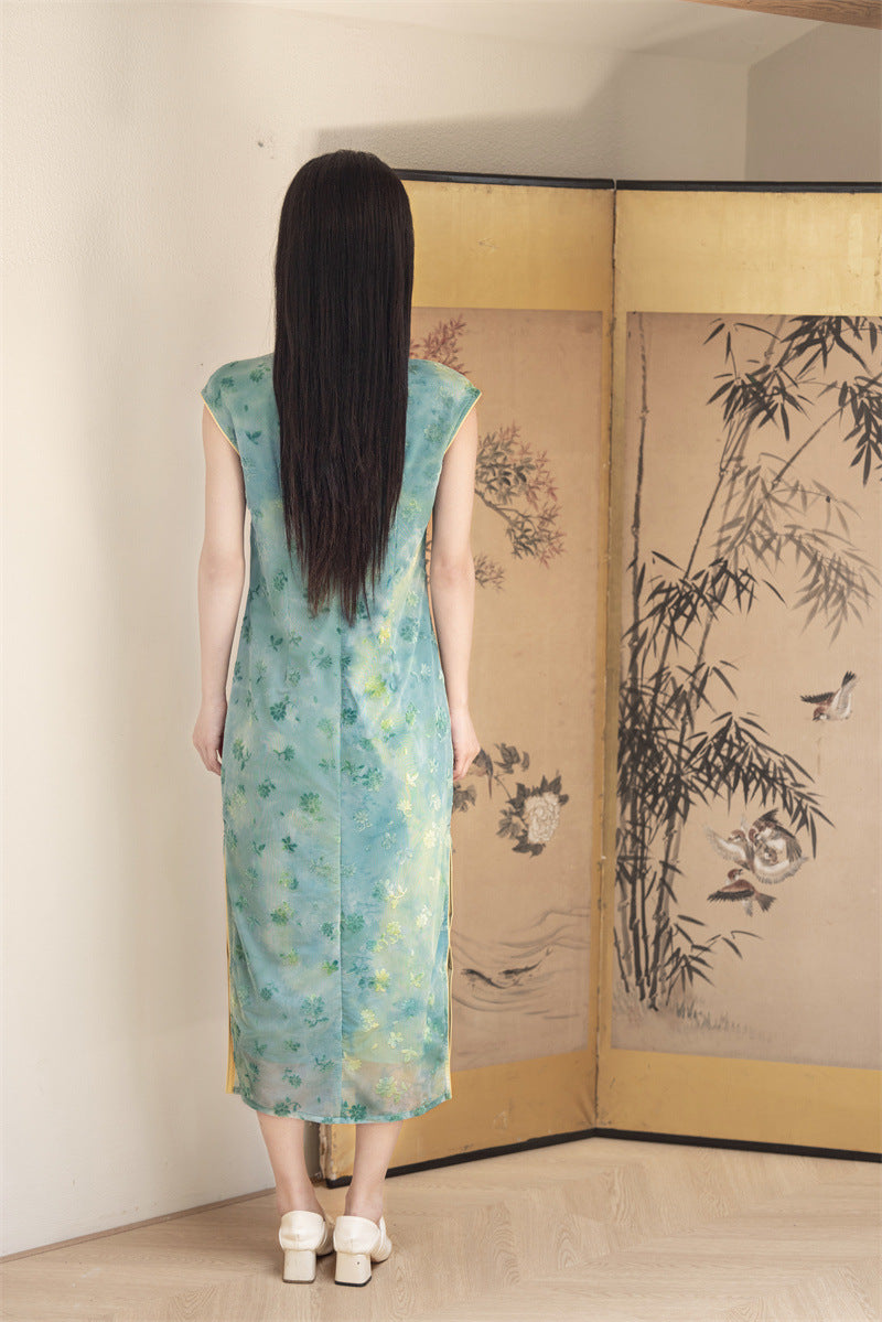 Misty Blue-Green Watercolour Floral Qipao Dress Sleeveless Slim Mandarin Collar Piping