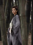 Traditional Chinese Hanfu Men’s Black and Gray Silk Robe with Embroidered Designs and Sword Belt