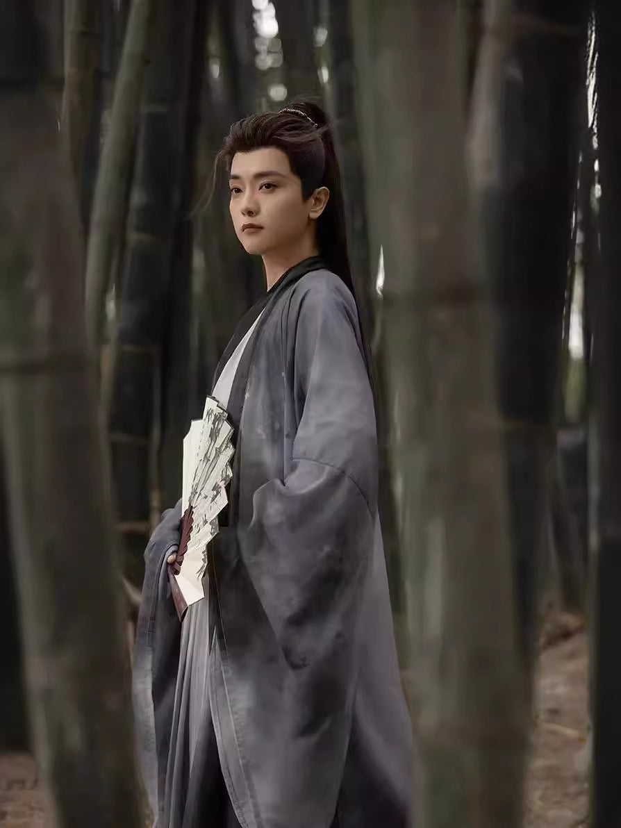 Traditional Chinese Hanfu Men’s Black and Gray Silk Robe with Embroidered Designs and Sword Belt