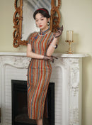 Modern Chinese Retro Striped Qipao Dress | Mandarin Collar Frog Buttons Slim Midi Side Slit