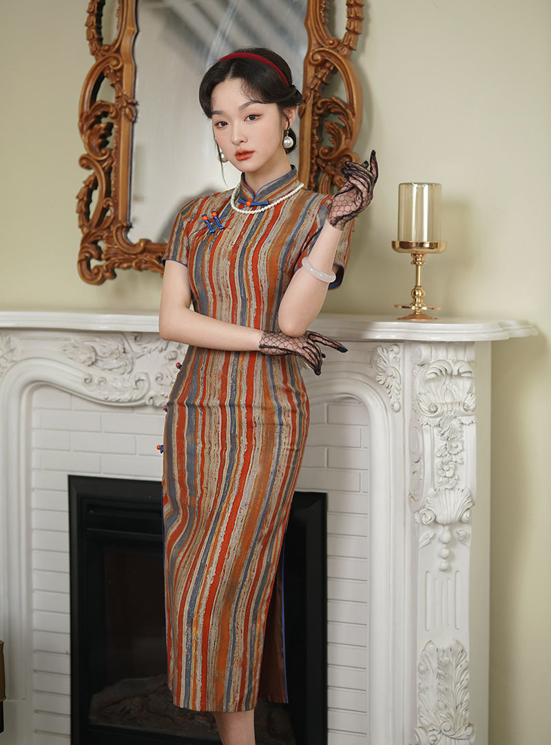 Modern Chinese Retro Striped Qipao Dress | Mandarin Collar Frog Buttons Slim Midi Side Slit