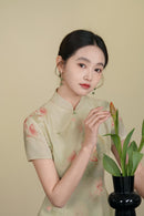 Mint-Green Watercolor Lotus Qipao Midi | Mandarin Short Sleeves