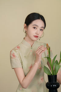 Mint-Green Watercolor Lotus Qipao Midi | Mandarin Short Sleeves