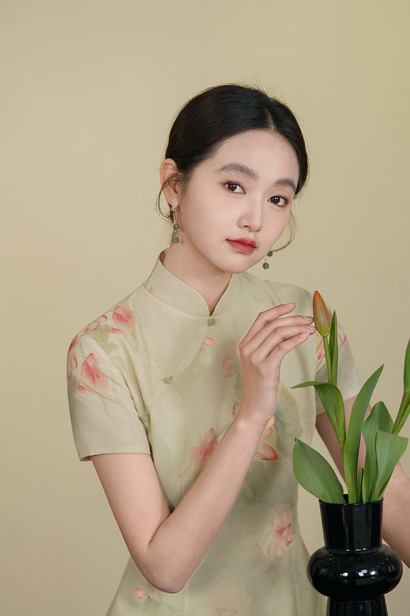 Mint-Green Watercolor Lotus Qipao Midi | Mandarin Short Sleeves