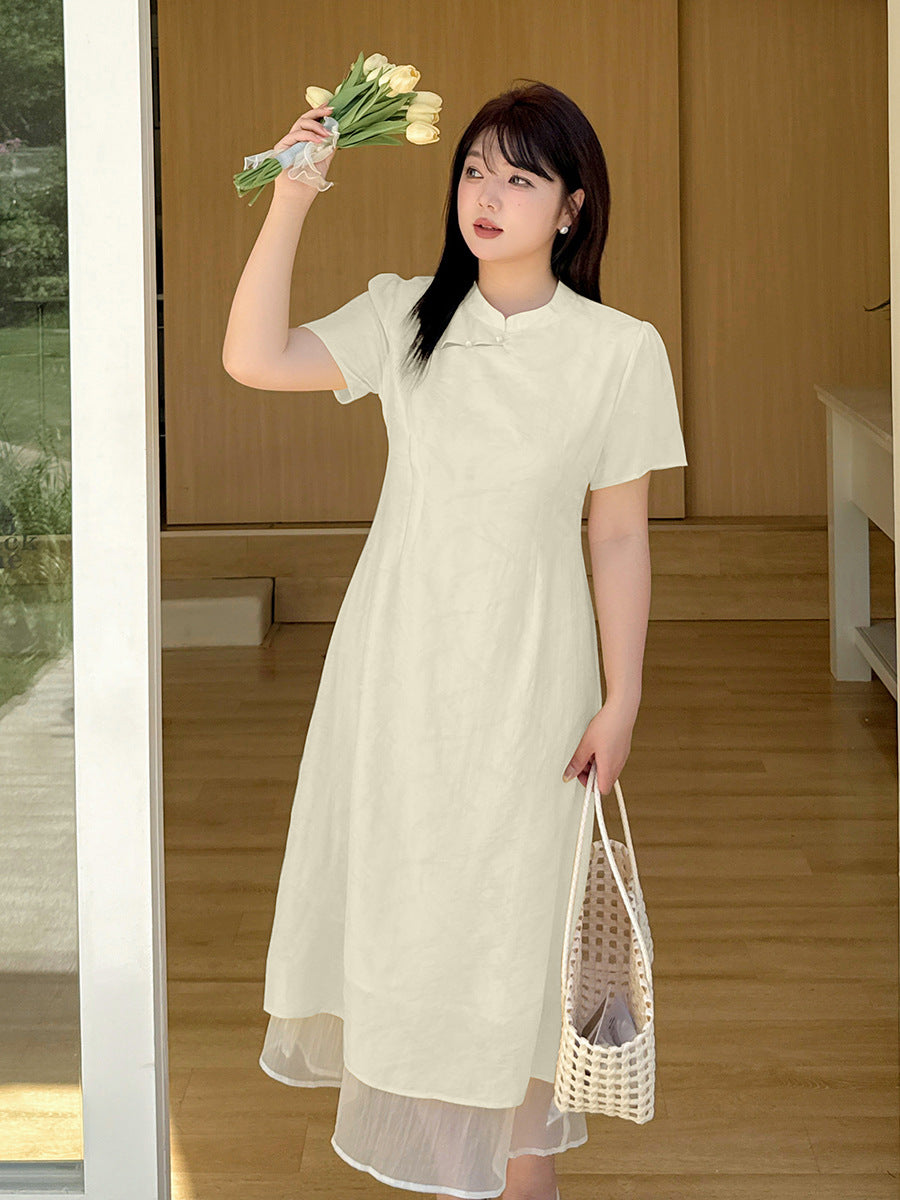 Plus Size Summer Modified Qipao Dress | Beige & Apricot | Lightweight Jacquard