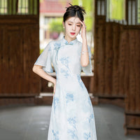 Blue Floral Collar Daily Qipao Dress | Elegant Flowing Dress For Summer