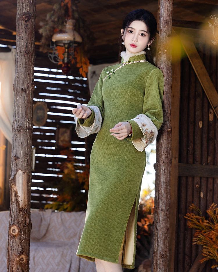 Vintage Chenille Long Sleeve Qipao Dress Winter Warm Midi Cheongsam Hanfu Style