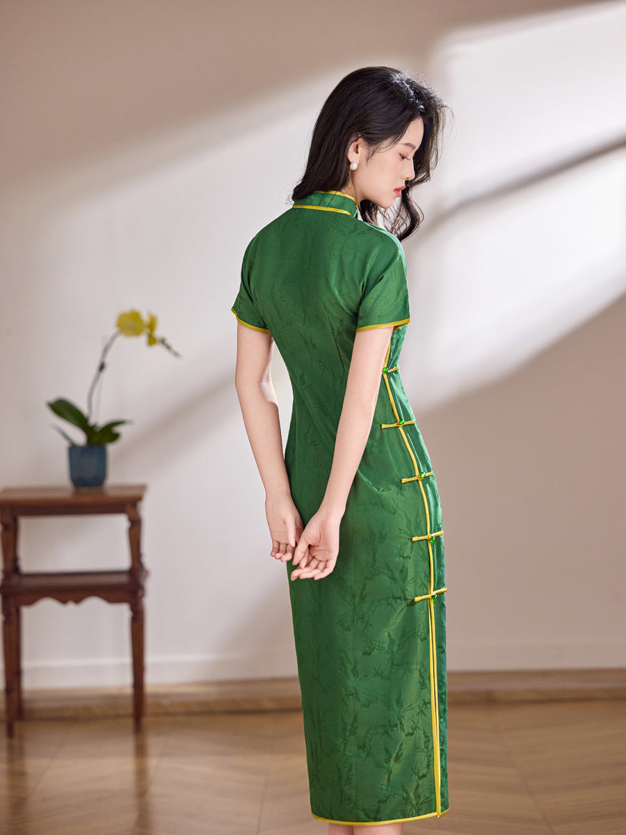 Emerald Green Tonal Jacquard Short Sleeve Qipao Maxi Dress |  Piping Slim Cheongsam