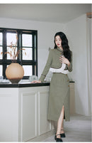 Green Tweed Suit with Ruffled Detail Skirt, Elegant Outfit for Women