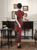 Vintage Oil-Paint Floral Qipao Long Dress | Red-Green Palette