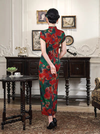 Vintage Oil-Paint Floral Qipao Long Dress | Red-Green Palette