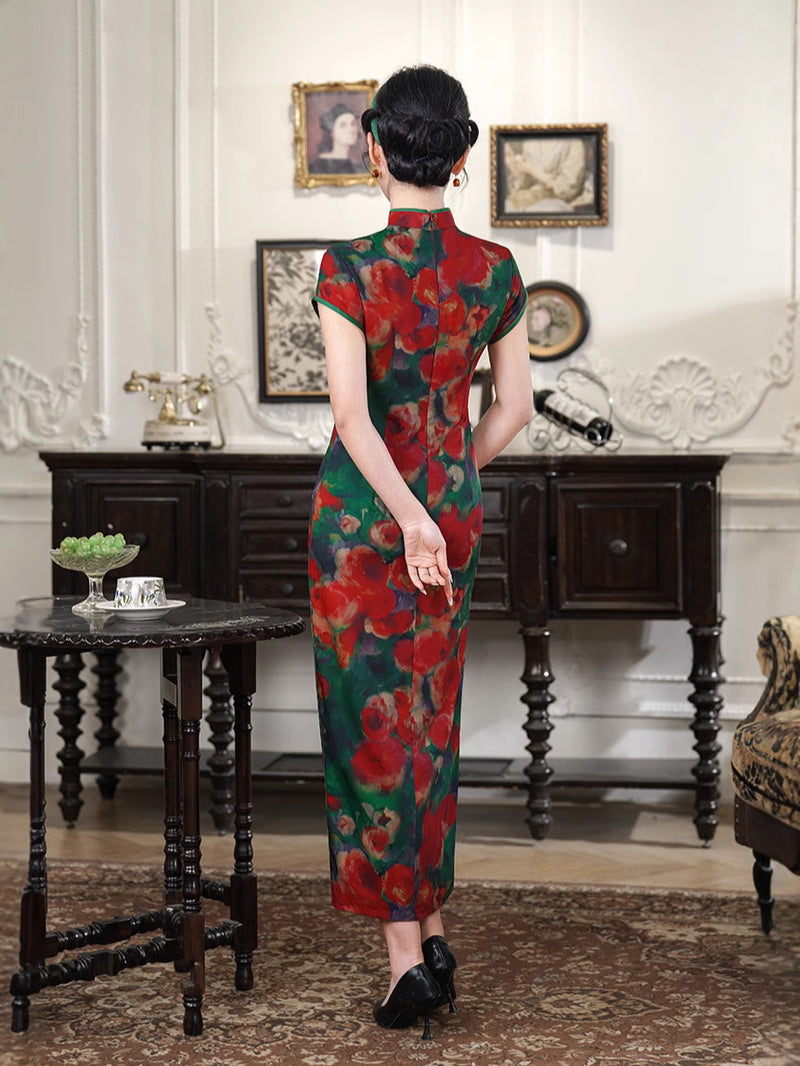 Vintage Oil-Paint Floral Qipao Long Dress | Red-Green Palette