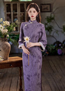 Purple Vintage Jacquard Qipao | Slim Mandarin Maxi