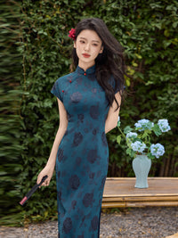 Teal Blue Rose Jacquard Short Sleeve Qipao Maxi Dress | Mandarin Collar Slim Slit Cheongsam