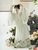 Traditional Hanfu Floral Embroidered Dress with Flowing Sleeves, Elegant Pastel Design, Perfect for Chinese Cultural Occasions