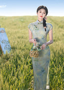 Spring Sleeveless Green Qipao Long Dress | Watercolor Floral