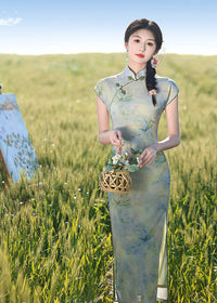 Spring Sleeveless Green Qipao Long Dress | Watercolor Floral