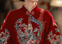 Red Embroidered Maternity Chinese Style Gown | Mandarin Collar 3/4 Sleeves
