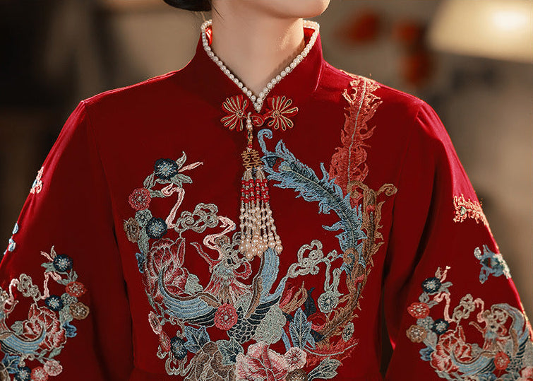 Red Embroidered Maternity Chinese Style Gown | Mandarin Collar 3/4 Sleeves