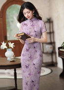 Purple Butterfly Qipao | Slim Mandarin Maxi with Short Sleeves